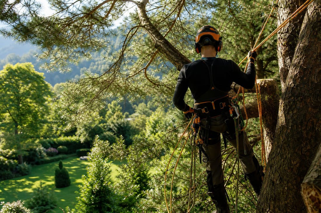Exemple : arboriste-grimpeur en action dans un arbre, harnais et cordes